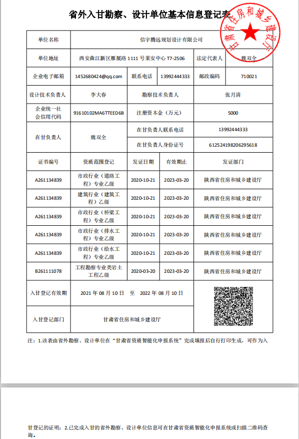 省外勘察設(shè)計單位入甘登記  信宇騰遠規(guī)劃設(shè)計有限公司