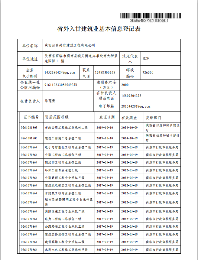 甘肅住房和城鄉(xiāng)建設(shè)廳  陜西遠泰興安建筑工程有限公司